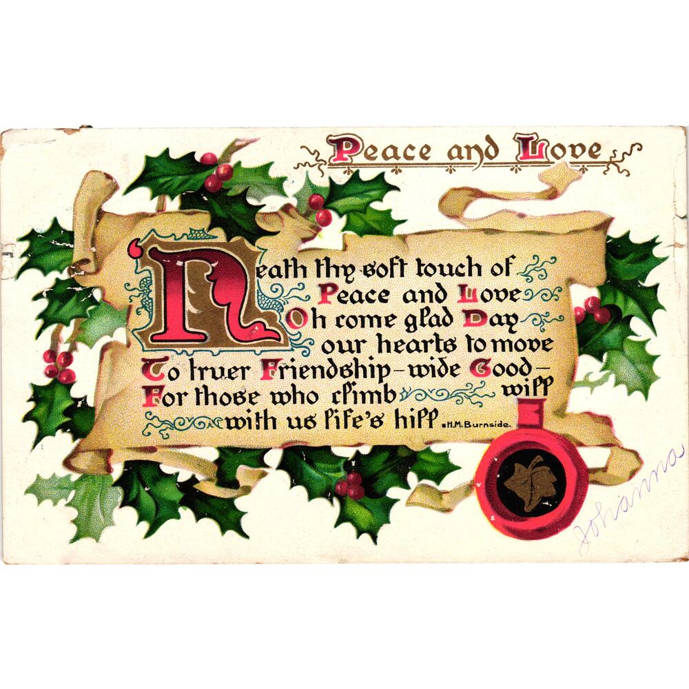 Vintage 1907 Raphael Tuck Christmas‎ Postcard Peace and Love Poem  Yuletide
